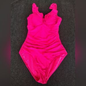 Ralph Lauren Beach Underwire Ruffle V-Neck One Piece Swimsuit Pink 8